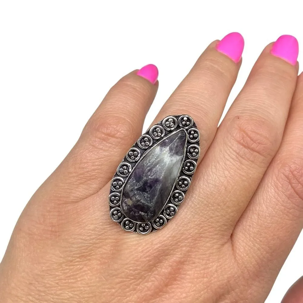 Raw Rough Chevron Amethyst Ring Size 7.5 925 Sterling Silver Overlay